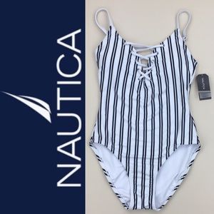 Nautica Slimming White Striped One Piece Swimsuit